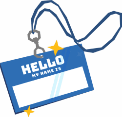 Blue name tag labeled "Hello my name is"