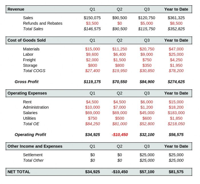 An example of a company's income statement showing income and expenses