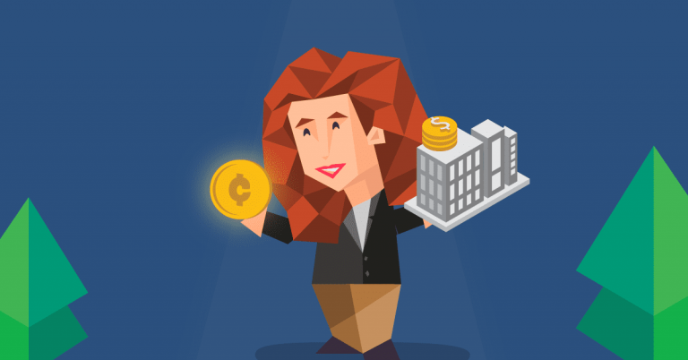 Graphic of a woman holds money in one hand and a business in the other