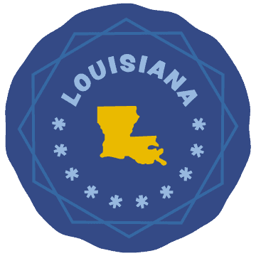 A wavy blue circle with light-blue stars and the word “Louisiana” circling a yellow silhouette of the state.