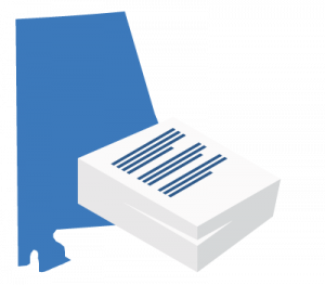 A large blue map of Alabama positioned behind a stack of white business documents