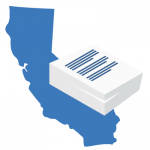 A large blue map of California positioned behind a stack of white business documents.