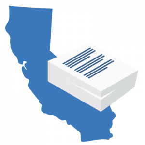 A large blue map of California positioned behind a stack of white business documents.