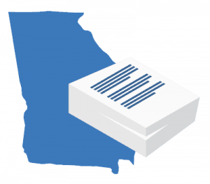 A large blue map of Georgia positioned behind a stack of white business documents.