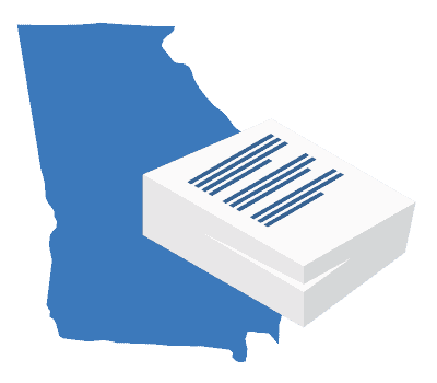 A large blue map of Georgia positioned behind a stack of white business documents.
