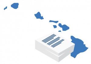 A large blue map of Hawaii positioned behind a stack of white business documents.