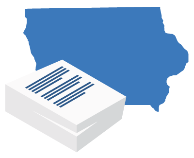 A large blue map of Iowa positioned behind a stack of white business documents