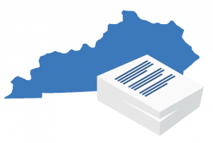 A large blue map of Kentucky positioned behind a stack of white business documents