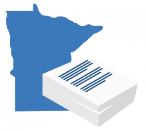 A large blue map of Minnesota positioned behind a stack of white business documents