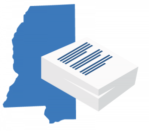 A large blue map of Mississippi positioned behind a stack of white business documents