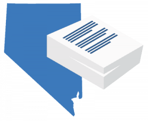 A large blue map of Nevada positioned behind a stack of white business documents.