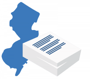 A large blue map of New Jersey positioned behind a stack of white business documents.