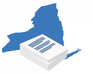 A large blue map of New York positioned behind a stack of white business documents.