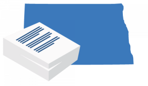 A large blue map of North Dakota positioned behind a stack of white business documents.