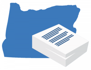 A large blue map of Oregon positioned behind a stack of white business documents.