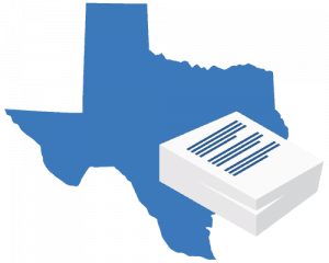 A large blue map of Texas positioned behind a stack of white business documents