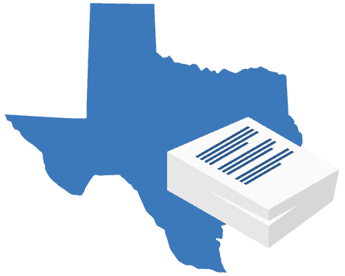 A large blue map of Texas positioned behind a stack of white business documents.