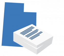 A stack of papers in front of a blue map of Utah.