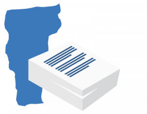 A large blue map of Vermont positioned behind a stack of white business documents