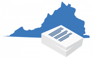 A large blue map of Virginia positioned behind a stack of white business documents