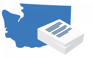 A large blue map of Washington positioned behind a stack of white business documents