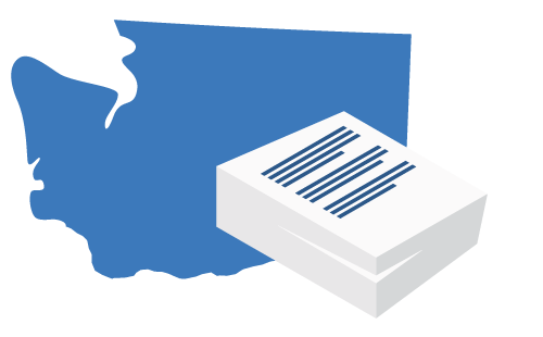 A large blue map of Washington positioned behind a stack of white business documents