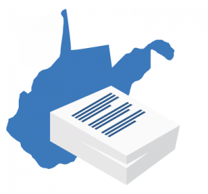 A large blue map of West Virginia positioned behind a stack of white business documents.