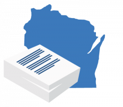 A large blue map of Wisconsin positioned behind a stack of white business documents.