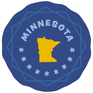 A wavy blue circle with light-blue stars and the word “Minnesota” circling a yellow silhouette of the state.