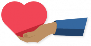 An outstretched hand holding red heart symbol.