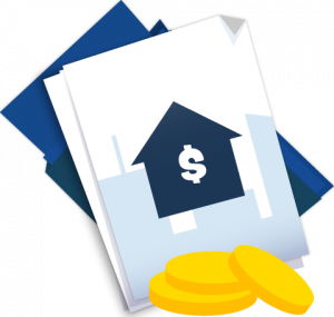 A stack of documents showing the dark blue silhouette of a brick and mortar store with a white dollar sign, all positioned above three gold coins.