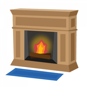 A brown-mantel fireplace with logs and a fire inside and a blue rug at the base.